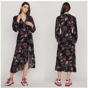 Maje • Rosetina Dress Black Floral Ruffle Midi Wrap in Black